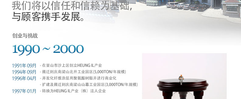 我们将以信任和信赖为基础，与顾客携手发展。
创业与挑战 - 1990 ~ 2000
1991年 09月- 在釜山市沙上区创立HEUNG IL产业
1994年 09月 - 搬迁到庆南梁山北井工业园区(5,000TON/年规模)
1996年 04月 - 开发化纤维涂层用聚氨酯树脂并进行商业化
- 扩建及搬迁到庆南梁山山幕工业园区(3,000TON/年规模)
1997年 01月- 转换为HEUNG IL产业（株）法人企业