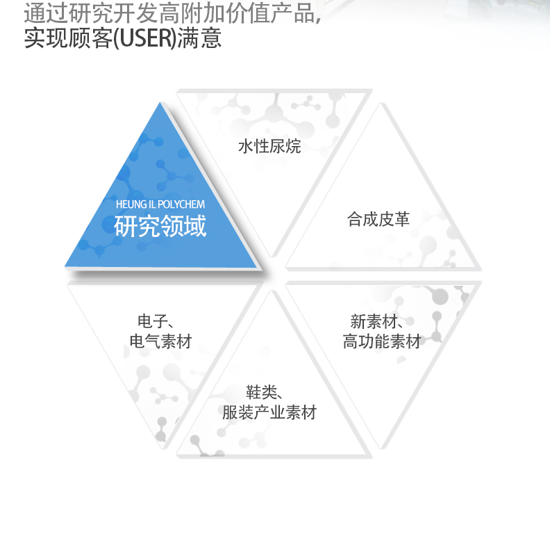 通过研究开发高附加价值产品，
实现顾客(USER)满意/HEUNG IL POLYCHEM 研究领域/水性尿烷, 合成皮革, 新素材、高功能素材, 鞋类、服装产业素材, 电子、
电气素材