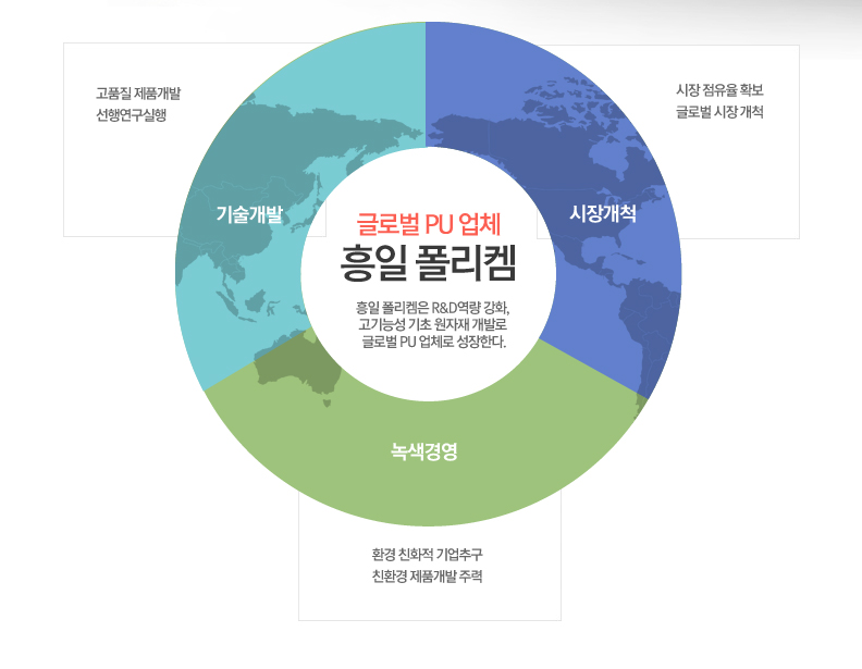 흥일 폴리켐은 첨단기술과 R&D역량 강화, 고기능성 기초 원자재 개발로 글로벌 PU 업체로 성장한다. / 기술력 확보 - 고품질의 제품 개발을 통해 높은 가치를 창출하여 기술력 확보에 재투자 한다. / 시장 리더십 확보 - 끊임없는 제품의 연구와 상품화로 시장점유율에서 경쟁기업을 선도한다. / 녹색경영 - 친환경 제품의 지속적인 개발로 환경에 대한 책임을 다한다. / 인재육성 - 지속적인 내부 인재육성을 통하여 미래 가치적 기업을 만든다.